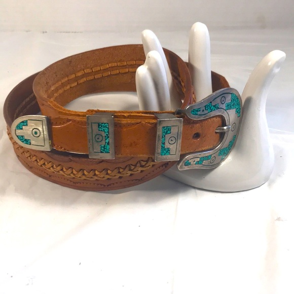 Sterling 925 Silver with Turquoise Inlay Buckle onBraided Leather Ranger Belt